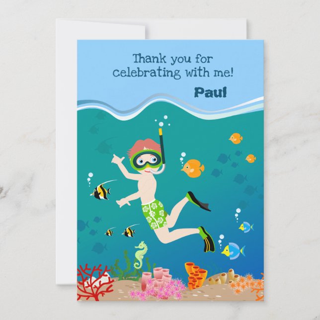 Snorkeling with tropical fish boy birthday party thank you card (Front)