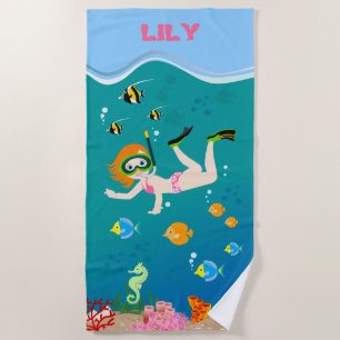 Snorkeling with tropical fish girl Birthday Party Beach Towel