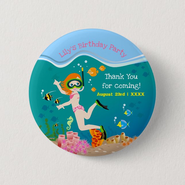 Snorkeling with tropical fish girl Birthday Party Button (Front)