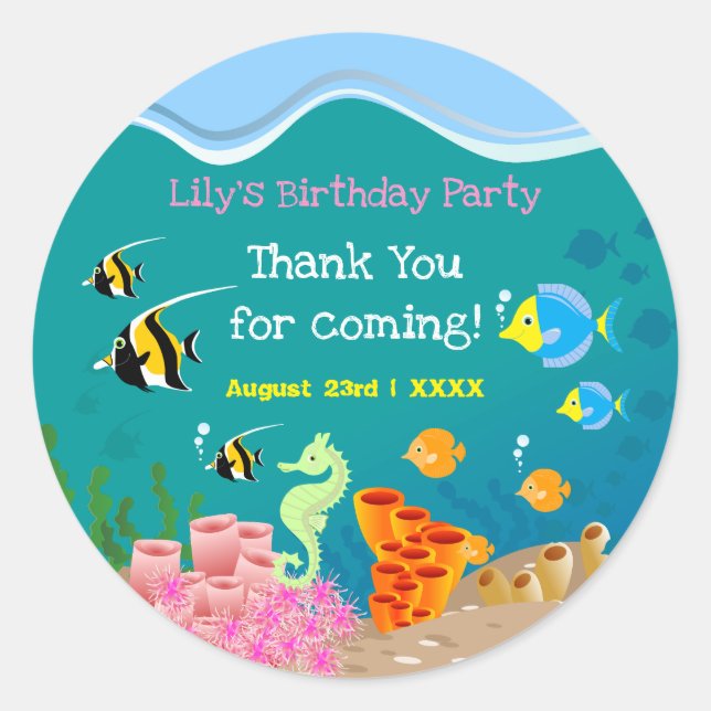Snorkeling with tropical fish girl birthday party classic round sticker (Front)