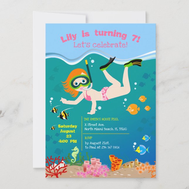 Snorkeling with tropical fish girl Birthday Party Invitation (Front)