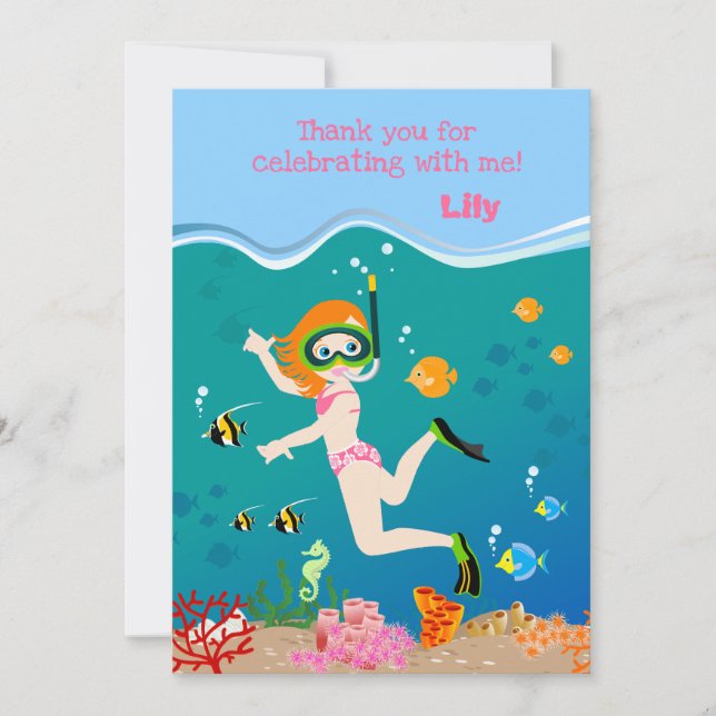 Snorkeling with tropical fish girl Birthday Party Thank You Card (Front)