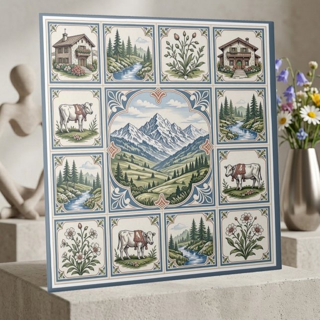 Snow Alpine Rolling Meadows Cows Rustic Chalet Art Ceramic Tile (Snow Alpine Rolling Meadows Cows Rustic Chalet Art Ceramic Tile)