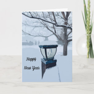 Snow and lamp light outside scene with trees card