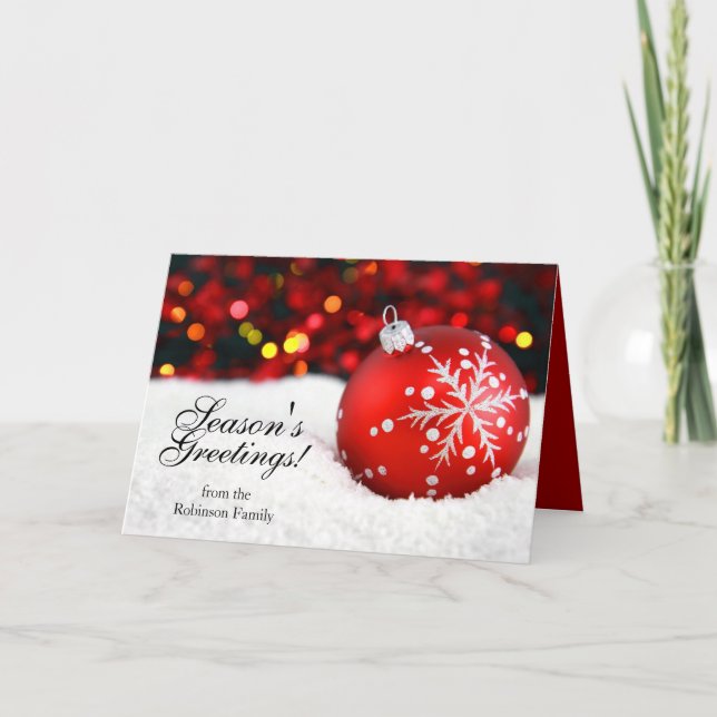 Snow and Red Sparkle Personalized Christmas Cards (Front)