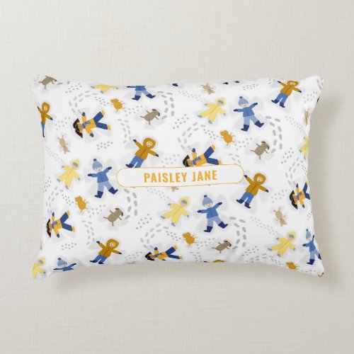 Snow Angel Children with pets  name Accent Pillow