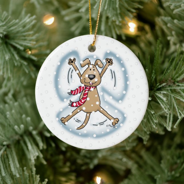 Snow Angel Dog Fun Cute Christmas Holiday Funny Ceramic Ornament (Tree)