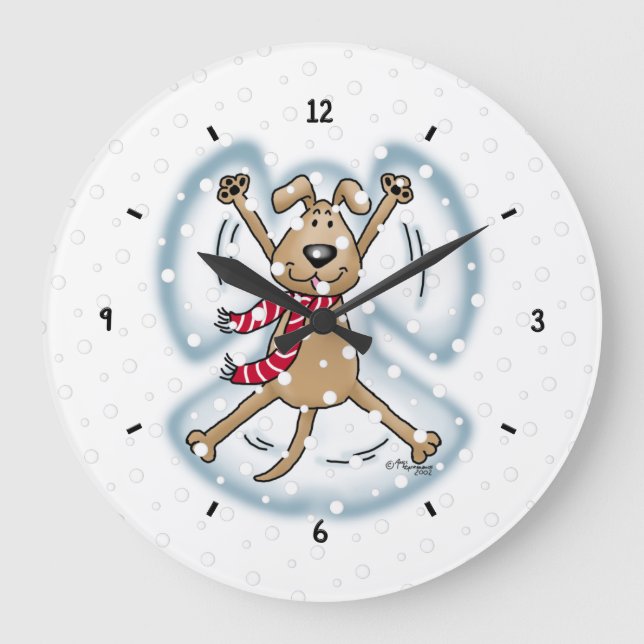 Snow Angel Dog Fun Cute Christmas Holiday Funny Large Clock (Front)