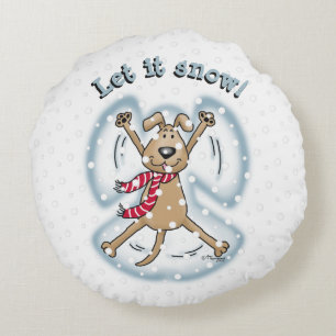 Snow Angel Dog Fun Cute Christmas Holiday Funny Round Pillow