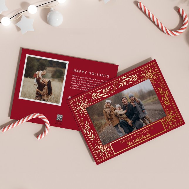 Snow Art Deco Photo Happy Holiday (Snowflake art deco berry holly photo holiday card perfect elegant Christmas card.)