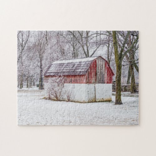 Snow At The Red Barn Jigsaw Puzzle