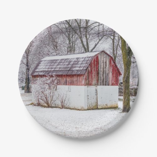 Snow At The Red Barn Paper Plates