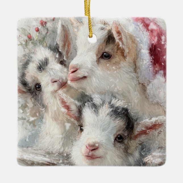 Snow Babies Christmas Goats 6 - YOUR PHOTO Ceramic Ornament (Front)