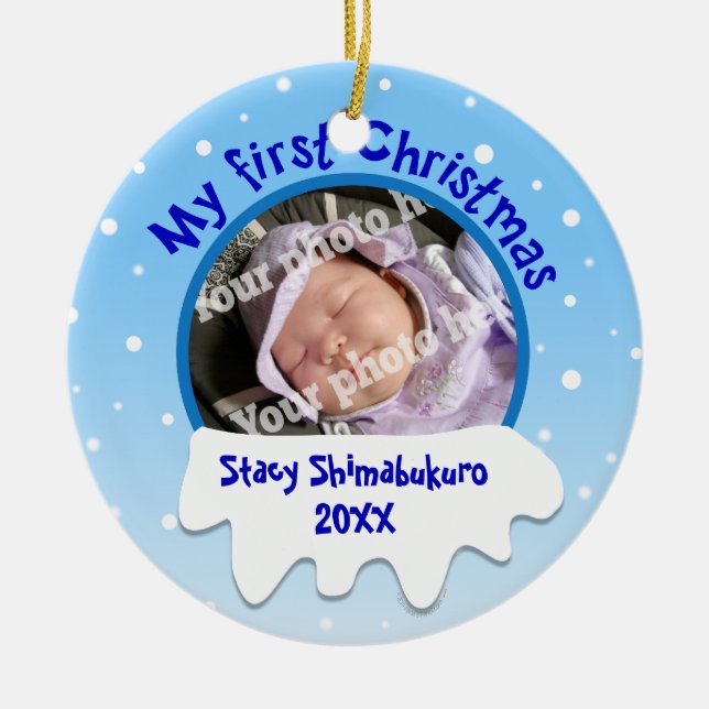 Snow Babys First Christmas Custom Photo Ornament (Front)
