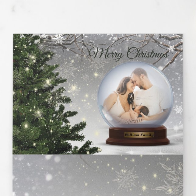 Snow Ball Monogram Name Family Tri-Fold Holiday Card (Flap)