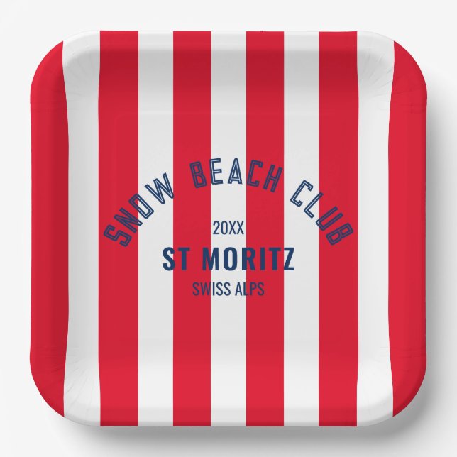 Snow Beach Club Red Cabana Stripe Custom Ski Paper Plates (Front)