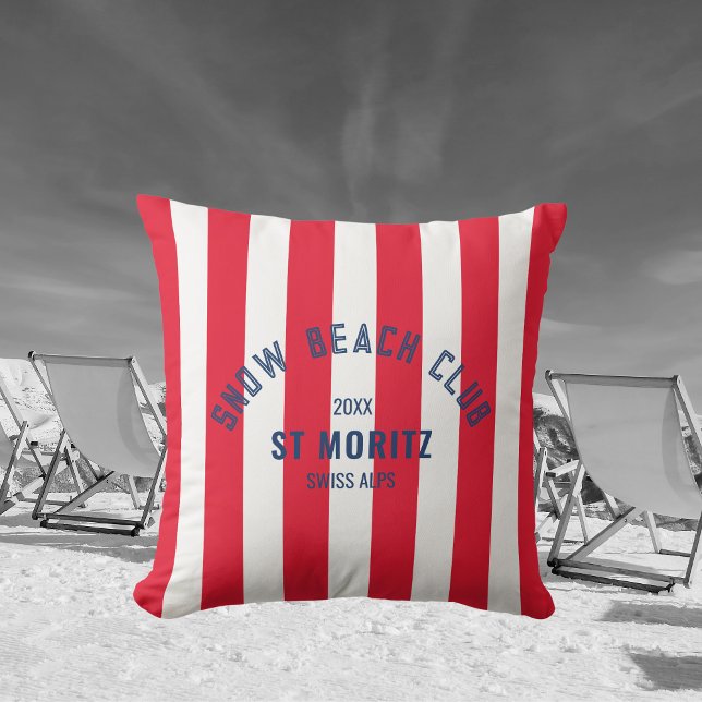 Snow Beach Club Red Cabana Stripe Winter Outdoor Pillow (Creator Uploaded)