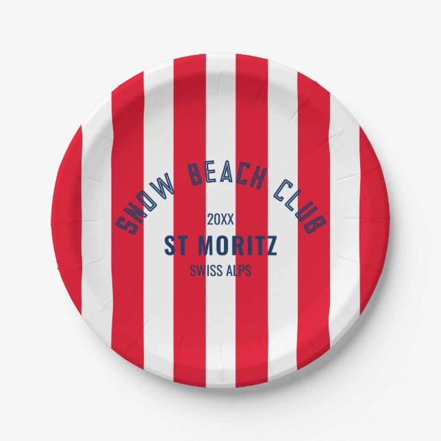Snow Beach Club Red Cabana Stripe Winter Paper Plates (Front)