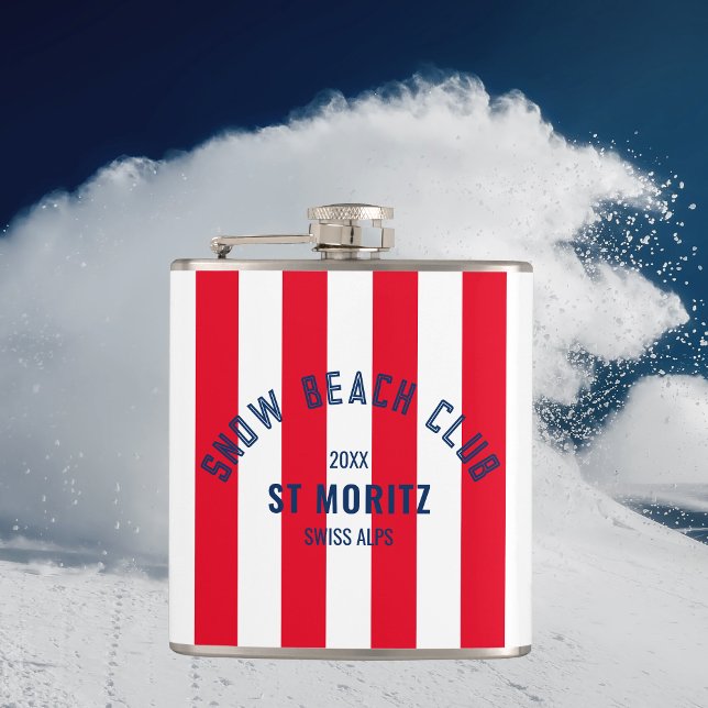 Snow Beach Club Red Cabana Stripe Winter Party Flask (Creator Uploaded)