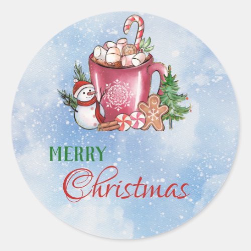 Snow Blue Cute Cup Merry Christmas Happy Holidays  Classic Round Sticker