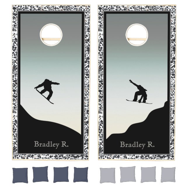 Snow Boarding Pebble Black White Cornhole Set (Set)