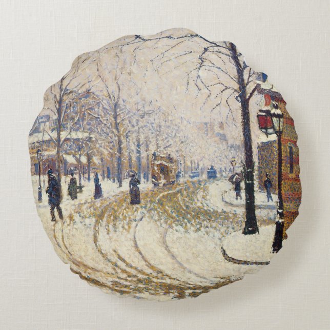 Snow, Boulevard de Clichy, Paris by Paul Signac Round Pillow (Back)