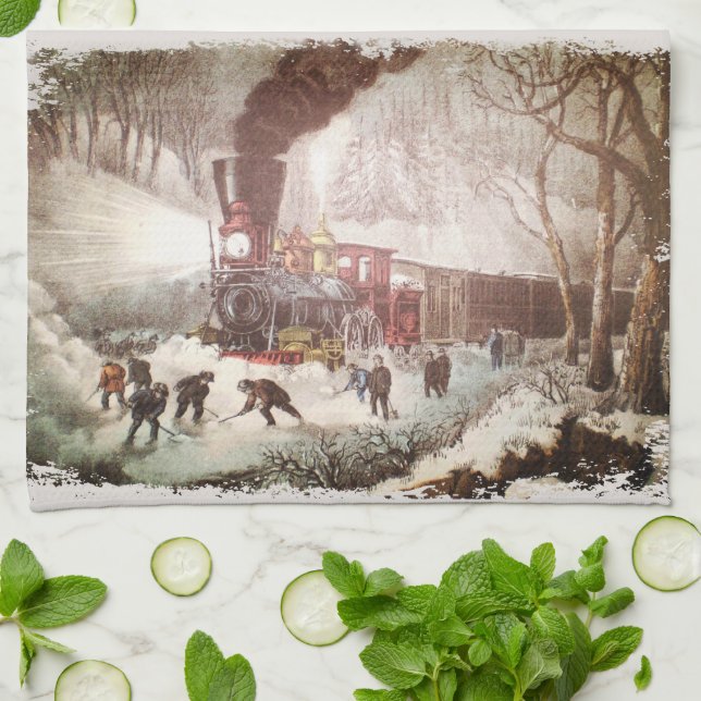 Snow Bound Train Kitchen Towel (Folded)