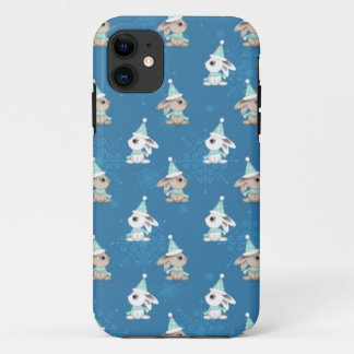 Snow Bunnies in Hats and Scarfs Holiday Art iPhone 11 Case