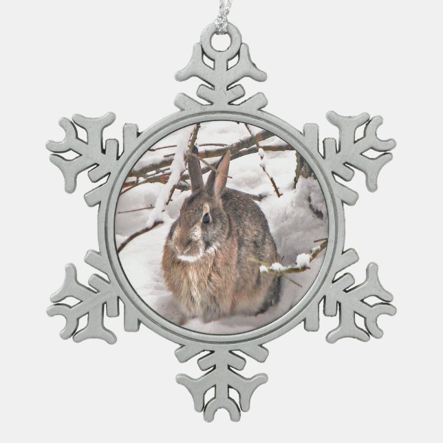 Snow Bunny Snowflake Pewter Christmas Ornament (Front)