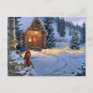 Snow Cabin With Christmas Birds Holiday Postcard