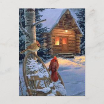 Snow Cabin With Christmas Birds Holiday Postcard by Timeless_Treasures at Zazzle