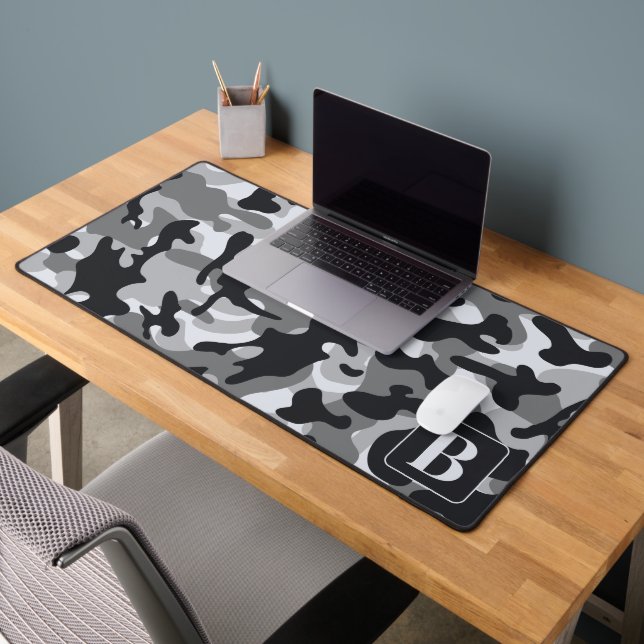 Snow Camo Personalized Modern Monogram Camouflage Desk Mat (Office 2)