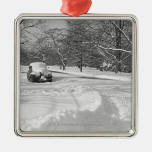 Snow capped car on street B&W Metal Ornament