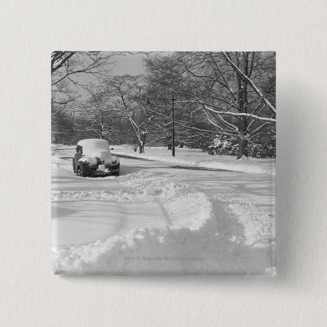 Snow capped car on street B&W Pinback Button (Front)