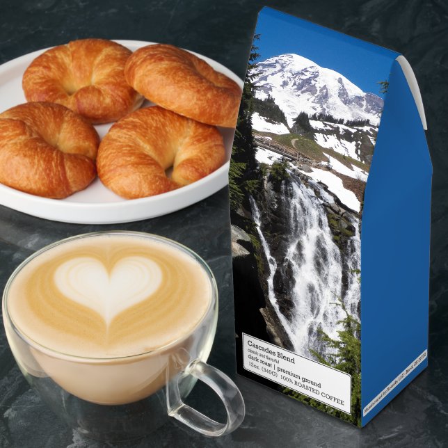 Snow Capped Mount Rainier and Waterfall Photo Roasted Coffee (Breakfast)