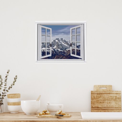 Window Scene Poster Snow Capped Mountain Peaks Faux Window Scene Poster | Zazzle