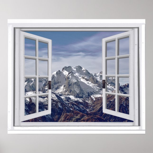 Snow Capped Mountain Peaks Faux Window Scene Poster (Front)