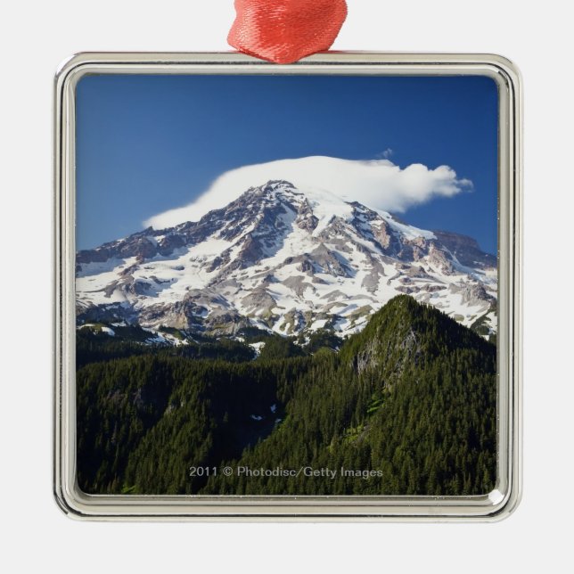 Snow Capped Mountain with Blue Sky & Forest Metal Ornament (Front)