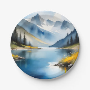 Snow capped mountains and a lake paper plates