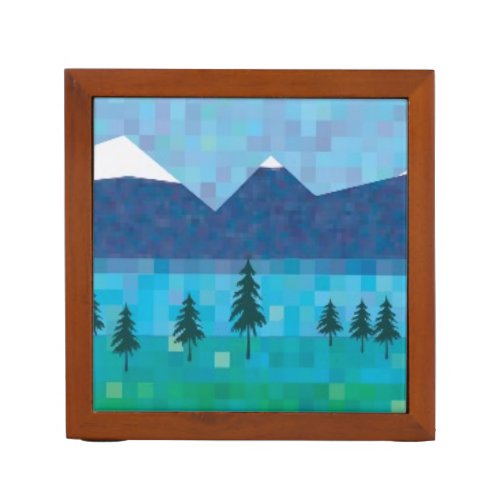 Snow capped mountains and lake pencil holder