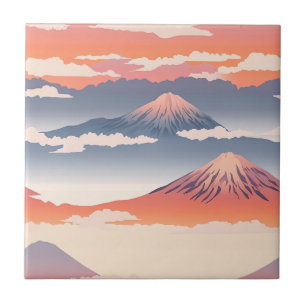 Snow Capped Mountains Golden Sky Watercolor Ceramic Tile