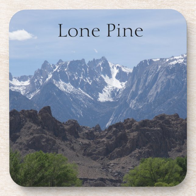 Snow capped mountains of Lone Pine Beverage Coaster (Front)