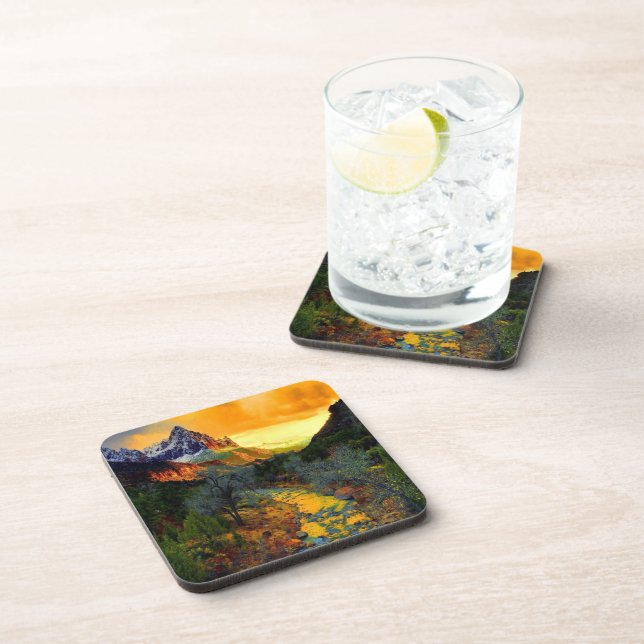 Snow Capped Mountains Trees & Creek Beverage Coaster (Right Side)