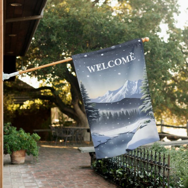 Snow Capped Mountains With Stream Welcome House Flag (In SItu)
