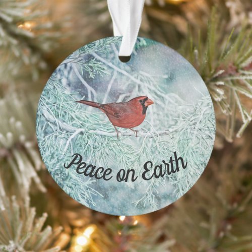 Snow Cardinal Peace on Earth Ornament