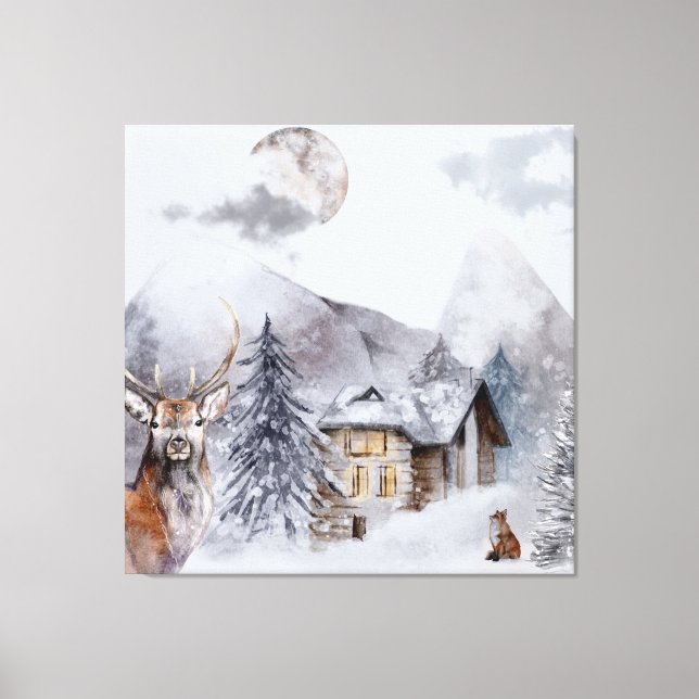 Snow & Caribou & Fox Canvas Print (Front)