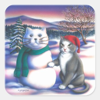 Snow Cats Square Sticker by gailgastfield at Zazzle