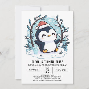 Snow Charming Penguin Digital Birthday Invitation