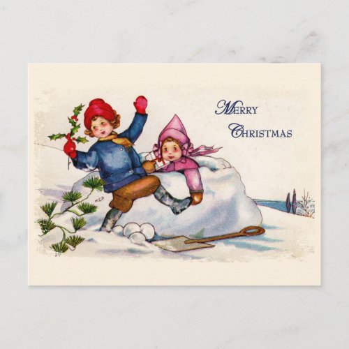 Snow Children Christmas Vintage Postcard