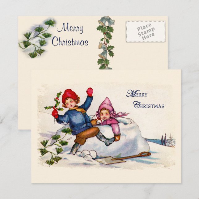 Snow Children Christmas Vintage Postcard (Front/Back)